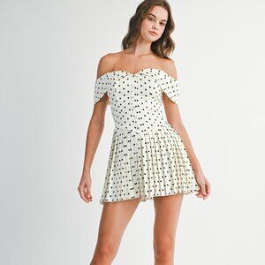 NWT Mable Cream Polka Dot Pleated Off Shoulder Mini Dress Sexy Classy Vibes